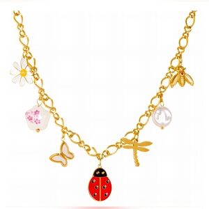 Gold Charm Necklace with Red Ladybug and Floral Accents 18k Gold Plated